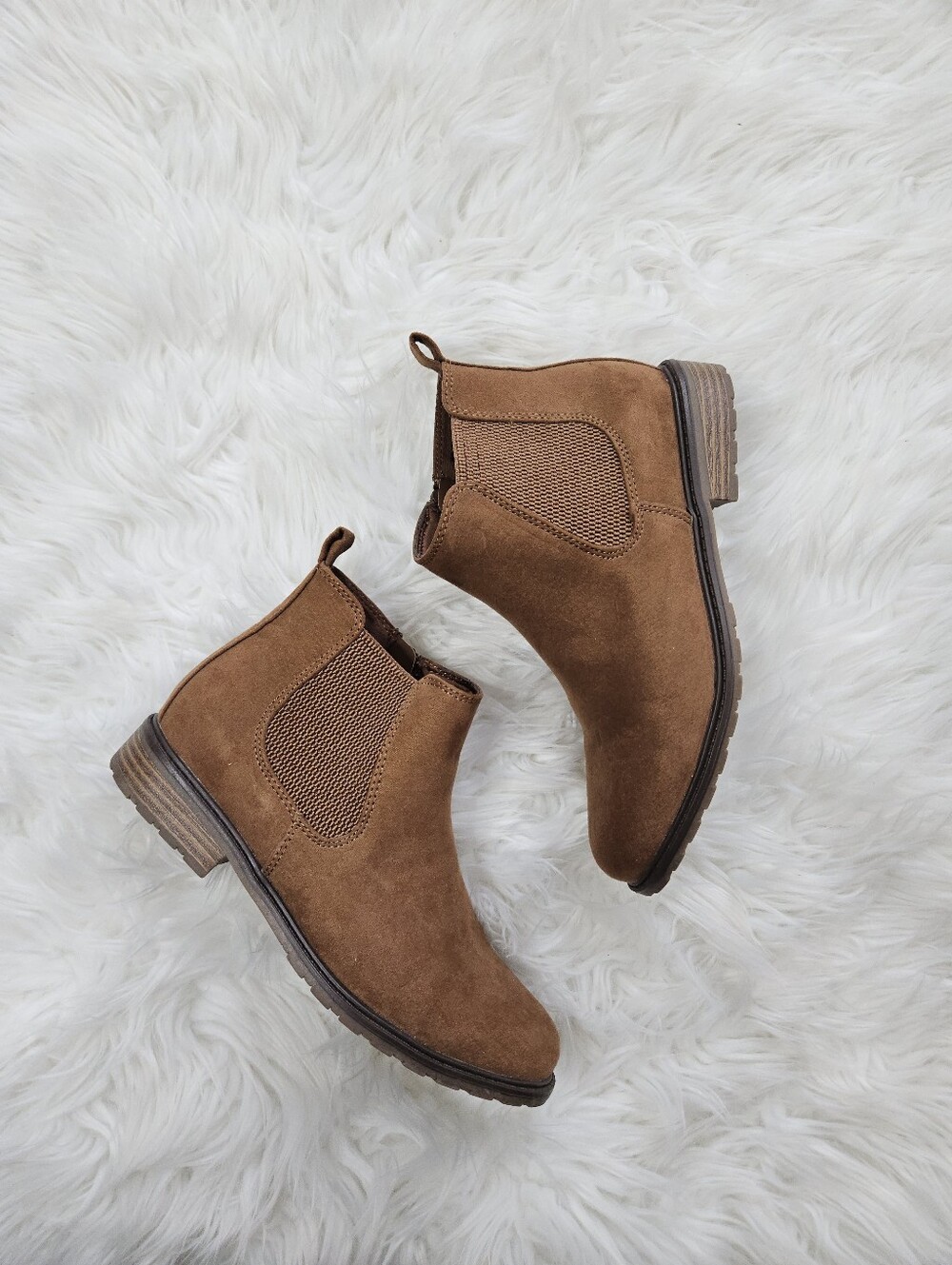 Sonoma Faux Suede Leather Ankle Boots Chelsea Cognac Orange Stacked Heel 8 Boho - Picture 6 of 8